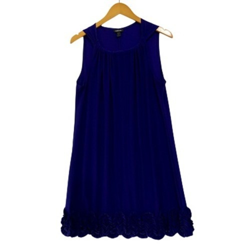 Forever Dress Womens M Blue Mini Shift Ruffle Hem Pleated Neck Sleeveless Party